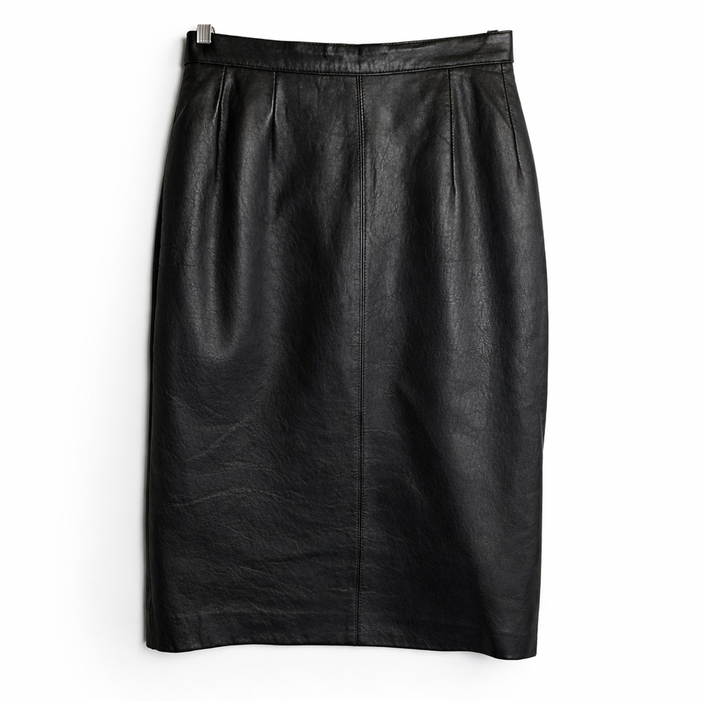 Vintage J Walden Black Leather Skirt High Waist Pleated Midi Size S